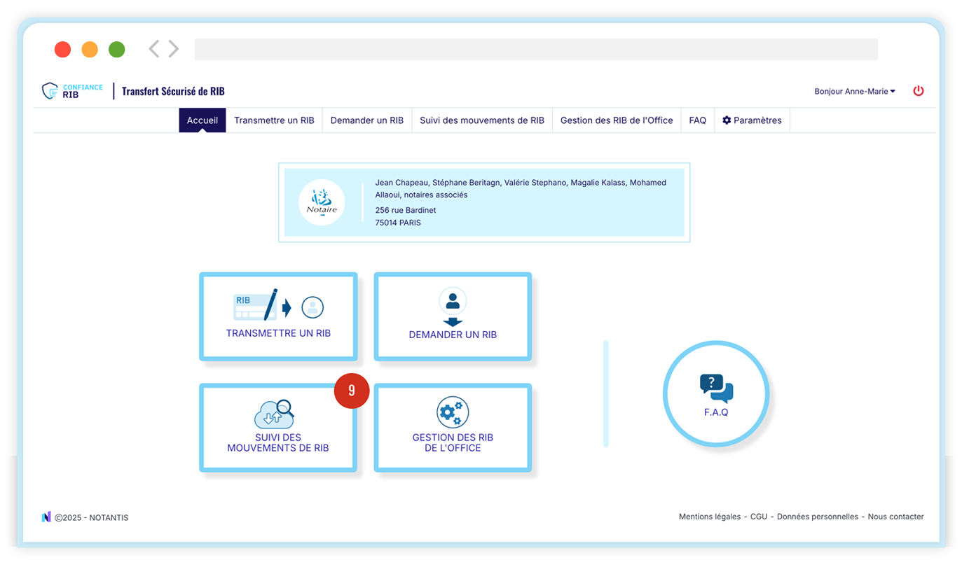 Accueil pour notre application de Transfert sécurisé des RIB